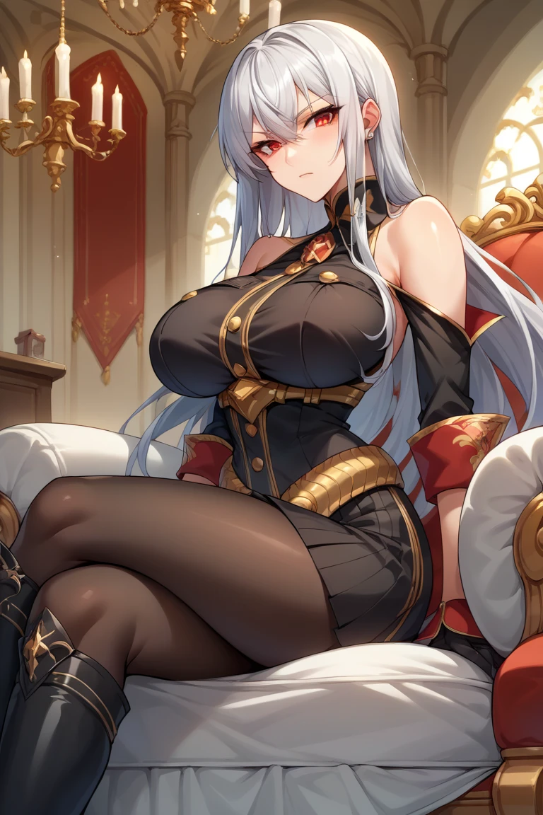 ((masterpiece)), (best quality), ((anime style 4k)), (((((SOLO))))), Beautiful seductive girl, ((((Arlecchino from Genshin Impact)))), ((wearing a sexy one piece outfit)), (looking at viewer), ((lips)) ((beautiful red eyes)), pouting, (sitting down), in a room, sexually suggestive, (((beautiful red eyes))), ((white and black hair))), ((Arlecchino)), (((big butt))), ((thicc)), (curvy), (sexy long legs),