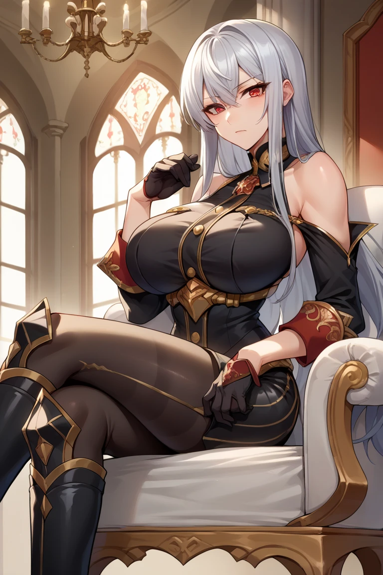 Woman knight、a beauty girl、huge tit、Excellent style、Nice Buddy、glamorous、leotard、s Armor、Bra chest armor、knee boots、gauntlets、hair adornments、silber hair、Longhaire、Ahoge、、is standing、full body seen 、Medieval city、Sitting on a chair、legs crossed、Eyes closed、slightly open mouth、a smile、