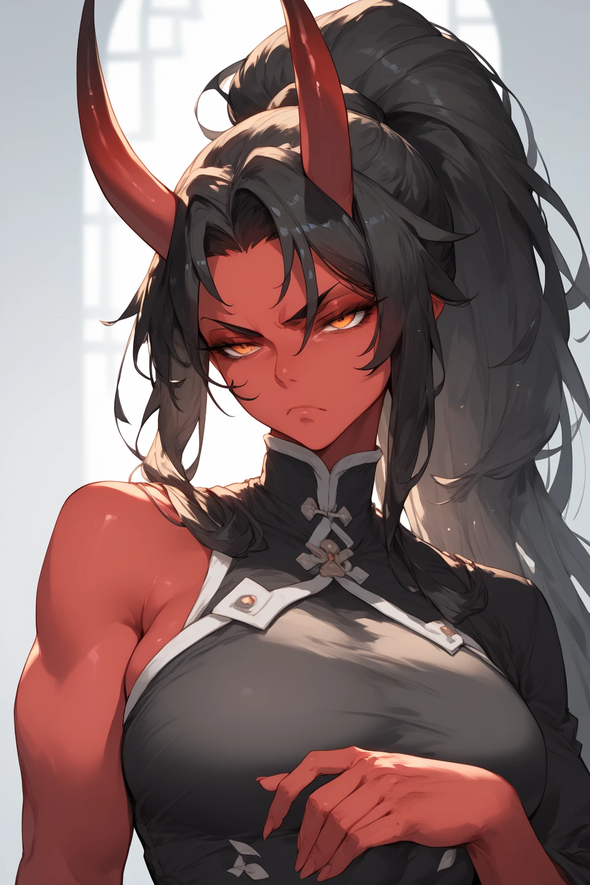 (1girl ,25s,adult,mature female,solo),long hair, black hair,horns,elf ears,((black scarf)),cleavage,(((dark skin))),(black sports ,black sports shorts, midriff),(simple background),long sleeves,angry,pov,((looking at view,from front))