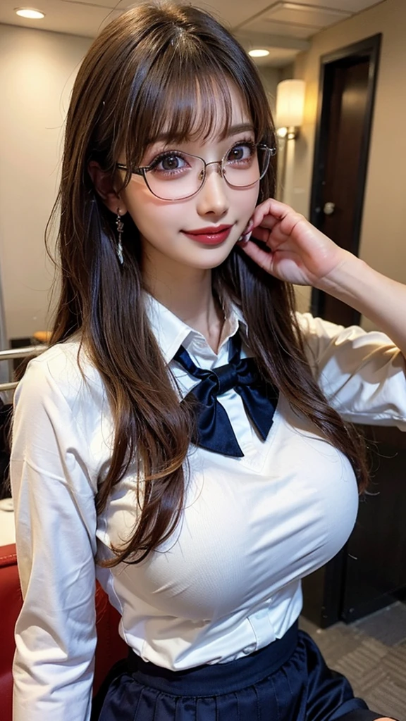 arafed asian woman in a plaid dress and glasses posing for a picture, with glasses, asian girl, with glasses on, nerdy, thick glasses, a hyperrealistic schoolgirl, beautiful asian girl, 18 years old, hyperrealistic schoolgirl, full subject in shot, some glints and specs, 2 2 years old, 21 years old, asian