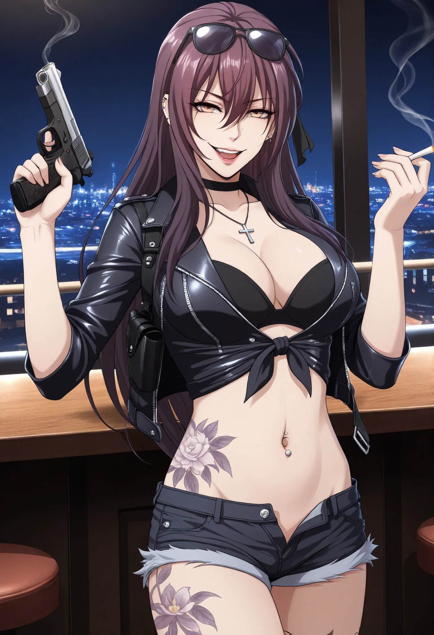 Brown Hair, 1girl, 独奏, blush, lipstick, long hair, outdoors, rooftop, cityscape, building, railing, night, night sky, scenery, city lights, masterpiece, best quality, highly detailed, a girls with a gun, open mouth, blazer, sexy gaze, (nsfw) not
safe for work, badass pose , evil smile, smile, black bra, anime girl with long hair, long haired girl,
navel, evil expression, exposed belly, exposed navel, exposed midriff, exposed lower belly, micro
miniskirt, micro pencil skirt, pencil skirt ,holding a gun