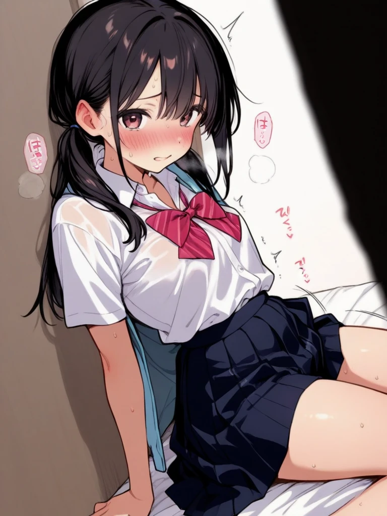 (masutepiece), (Best Quality), (Ultra-detailed),(Style-Princess:0.8), Solo, (1girl in), Single, Super Cute Sweet Girl, Fluttering white collared shirt hem, Swaying white collared shirt hem, pink and white panties, Polka dot panties, Sexy, extreamly detailed ??????, ?????? line, Standing, Thin thighs, crass room, (Angle from below), up looking_で_viewer, ((双臂在头后)), bashful,  embarrassed, My cheeks are red.Overreaction：The girl's surprised expression was、Impossible overreaction.Drawn like a manga or anime。 Cheeks and hands are depicted, Black hair, braid, Pink eyes