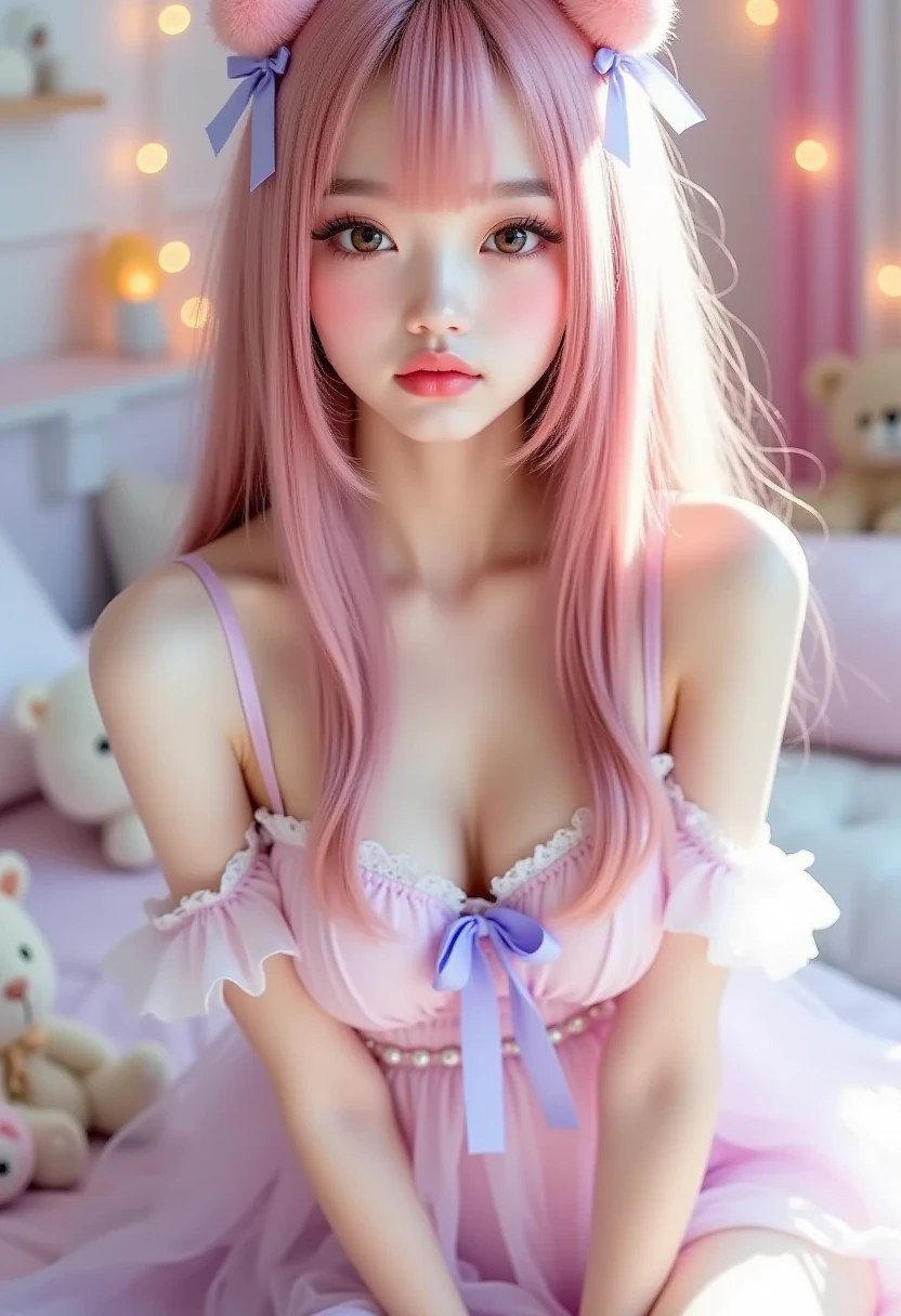 masterpiece, (photorealistic:1.4), beautiful eyes, gyaru, kawaii, (((small bust))), lolicon, , wearing blouse, skirt, lolita, cutecore, dollcore,retro, coquette, inspired by Li Chevalier, best quality, super high res, sweet, intimate, (((seated on pink bed))), innocent, closeup, masterpiece, best quality, kawaii, dynamic pose,aesthetic, beautiful face, face focus, closeup, 8k, RAW photo, photo-realistic, long, wavy hair, photorealistic, kawaii, cinematic lights, intricate details, highly detailed, fantasy, cinematic, pastel colors