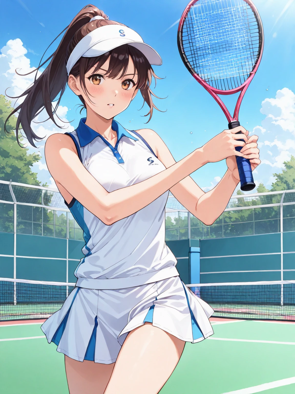 １The girls、Shirts、pleatedskirt、17 age、Bob Hair Style、A smile、A delightful!、japanes、enmaided、Chromo-white skin、Beautiful eyes、（small tits）、Playing tennis、Wimbledon、Wearing white tennis wear、电影灯光、Upper body portrait、