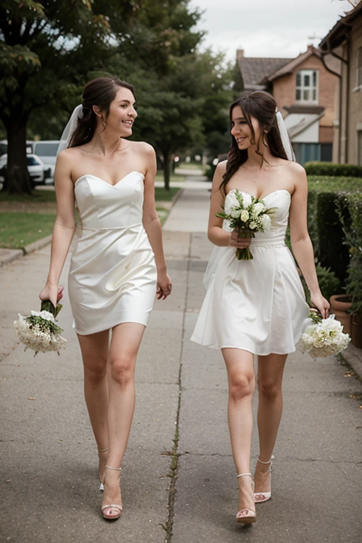 Woman with huge breasts in a wedding dress with huge cleavage walking in the park 