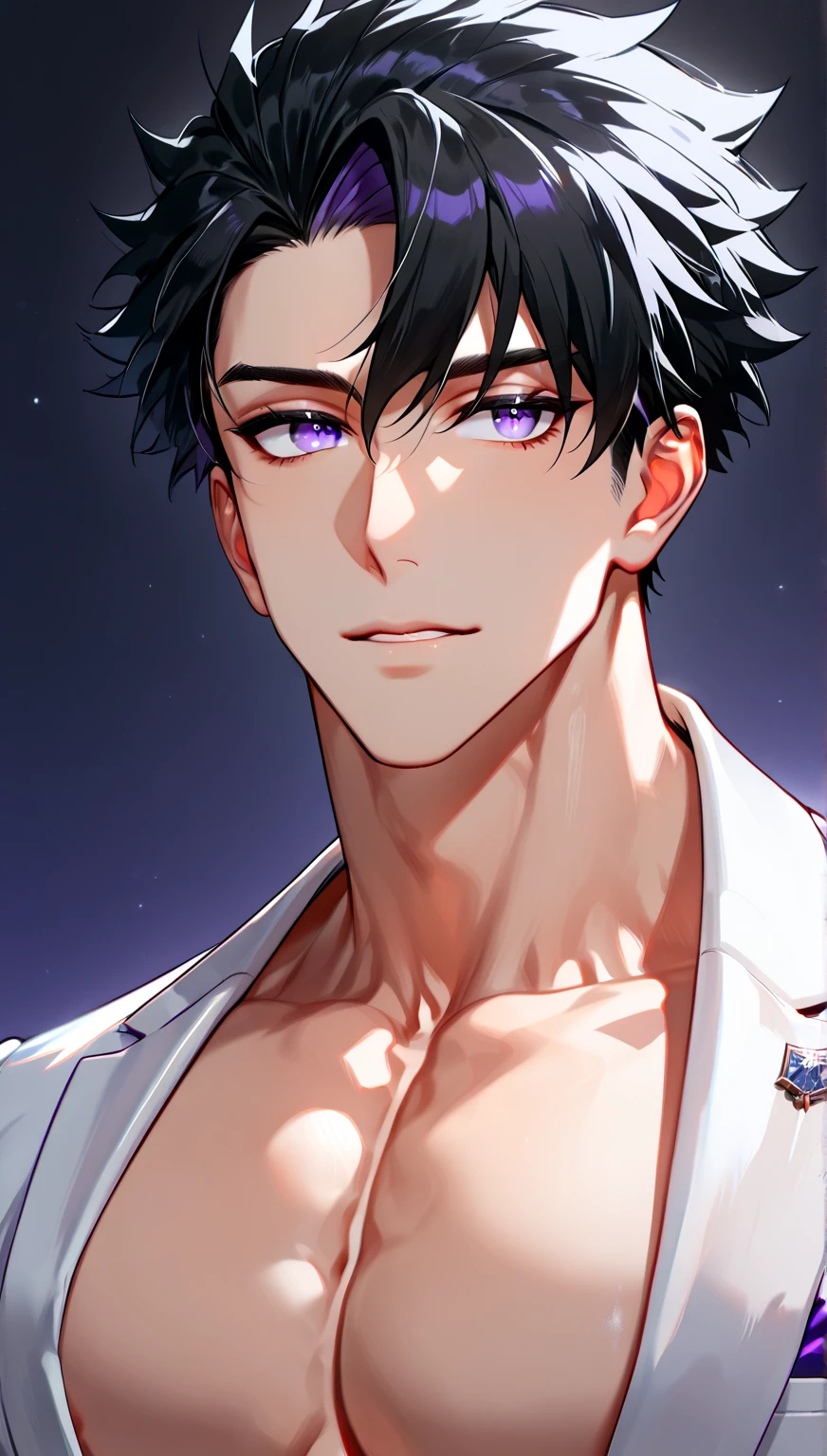 (absurdres, highres, ultra detailed, HDR) master piece, best quality, perfect face, delicate features, Fushiguro Touji, straight black hair, expressive green eyes, scar near his lips, Jujutsu Kaisen, solo, sexy man, handsome, toned chest, black tight shirt, moon, purple flames, purple butterflies, purple roses, starry sky