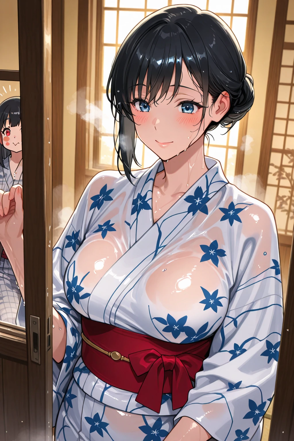 Period drama manga style　A 15-year-old super beautiful Chinese girl with black hair in a bun cut(1 person)　She is wearing a royal long-sleeved Chinese dress　She takes a bath with the perverted old man emperor　She cries as she is washed　She has visible nipples