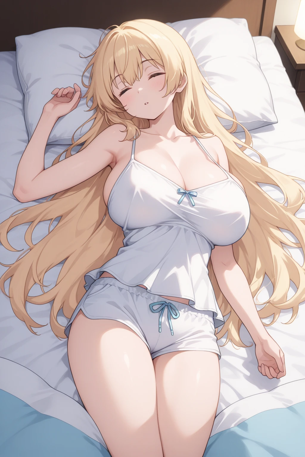 woman,big breast,masturbation,wet t-shirt ,long hair,blond hair,spreading her legs,on a bed,yawn