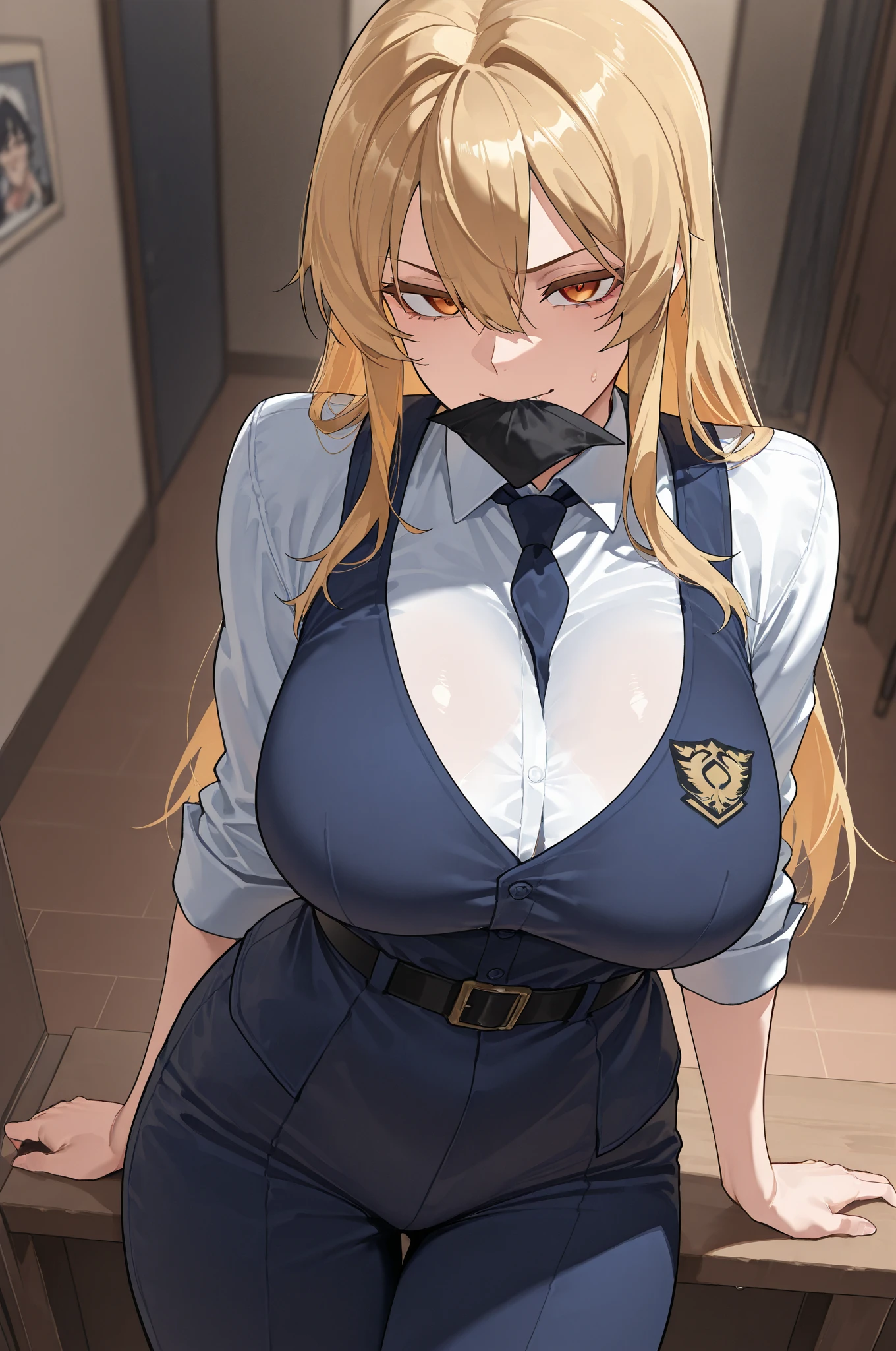 a cartoon character in a sexy suit posing on the street with a bush, policeman, police uniform, 1 girl, policewoman, shirt, skirt, hat, tie, police cap, blue eyes, gloves, breasts, blonde hair , thighs, solo, navel, suspender straps, looking at viewer, short sleeves, large breasts, underwear, miniskirt, midriff, ass visible through thighs, panties, outdoors, indentation, braid, hand on hip, belt, black skirt, uniform, collared shirt, flirty look, thigh highs, peaked cap, crop top, black panties, blue shirt, chest pocket, V-shaped eyebrows, Eiko Tsukimi, blue eyes, braid, twin braid , blonde hair, baseball cap