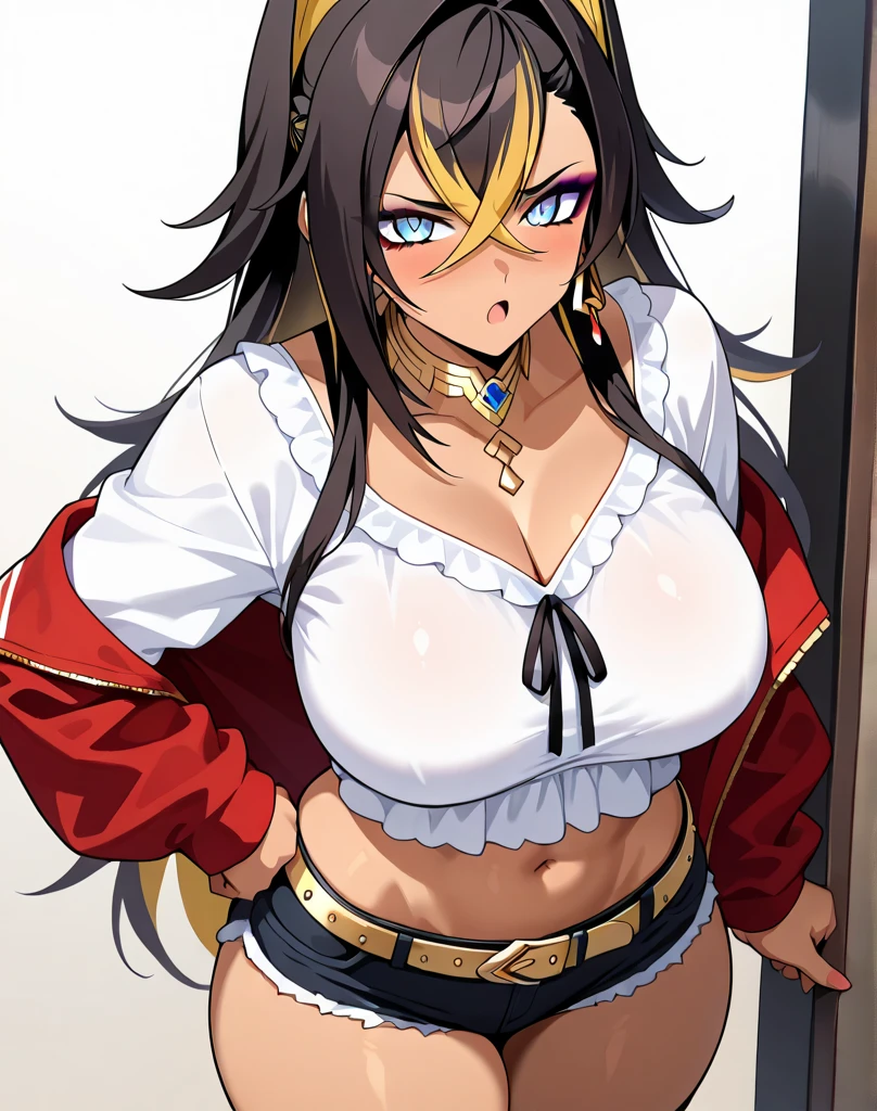 ((BLACK BACKGROUND 1:2, masterpiece)) 1solo female full body MILF BIMBO standing straight symmetrical with two long thighs and two metal sandals, red eyes like rubies, eye focus looking to the viewer, silver white hair, short bob style hair, big knockers breastplate, breastplate, cleavage, tiara royal, long cape up to two feet, yellow bikini (yellow tiger stripes), lustful smirking smiling, smile face (red blushed, red cheeks), pauldrons metal shoulders, gold sleeveless bracelets, separate sleeves, hands on waist hands OR hips, golden bracers, metal handcuffs, leather corset, red loincloth, black leather choker slave collar, shackles bracelets, slave red crest under navel, navel, big belt around waist OR hips, feet together, metal ankle, two long thighs and two metal sandals (Mizuno Akane)(GYARU)(DARK SKIN)
