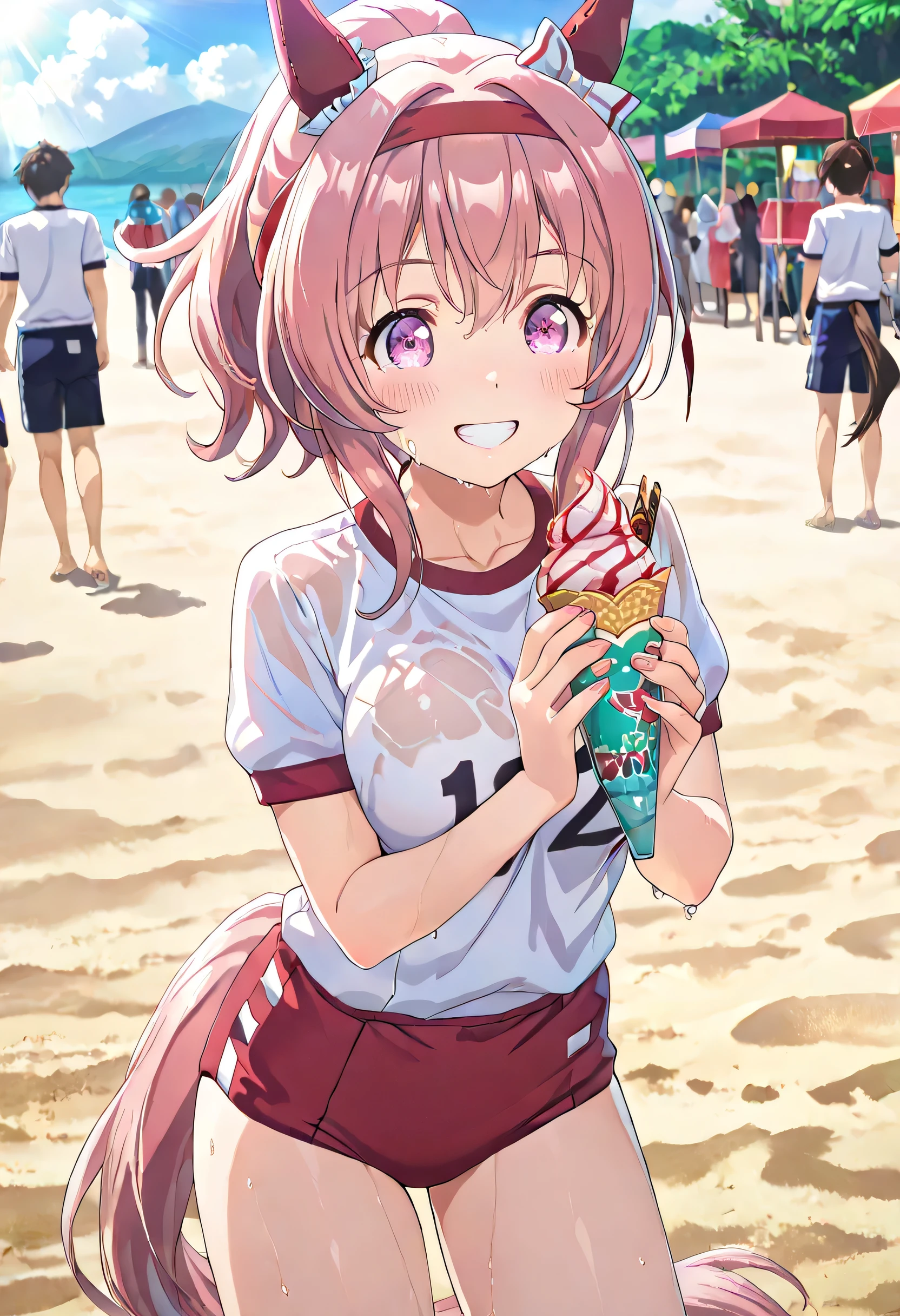 ((ultra-detailed)), (highly detailed CG illustration), (best quality:1.2), ultra-highly detailed, colorful composition, artistic photoshoot, 1girl, solo focus, thigh to top:1.2, cowboy shot:1.2, moe anime character, round face, rounded chin:1.2, short height, UMAHU,horse ears,red ear covers,white hairbow,red headband,pink hair,ponytail,pink eyes,horse tail,ample breasts, white short sleeve gym uniform with pink rim:1.3, pink school gym buruma, sweat:1.2, wet clothes:1.2, grin:1.2, happy:1.3, joyful:1.3, blush:1.3, holding two scoops of sweet corn Ice cream in both hands:1.3, colorful lce cream:1.3, Standing at the Beach:1.3, beautiful sky, from front:1.2, dynamic pose, contrapposto pose:1.3, best quality, expecting, pink cheek, blush, light pink gloss slip, portrait, depth of field, sparkling sunlight, lighting, backlighting, shine, lighting, caustics, ray tracing, perfect face, lustrous skin, highly detailed face, highly detailed eyes, perfect face, perfect nose, perfect hair, perfect eyes, perfect anatomy, beautiful hair, beautiful small face, extremely detailed face, beautiful detailed eyes, beautiful clavicle, beautiful body, beautiful middium breasts, leavage, breasts squeezed together, equalize the size of the left and right breasts, beautiful thin thighs, beautiful legs, beautiful fingers, (4 fingers), 1 thumb, lovely, (very detailed background:1.0), (highly detailed background:1.0), summer aesthetic, intricate details, festival atmosphere, summer colors palette, chromatic aberration