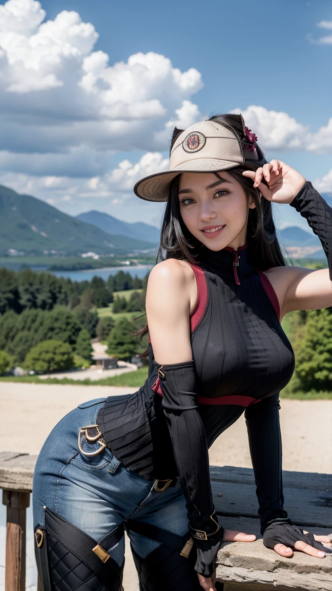 (horse:1.3), pants, cowboy shot, sexy girl, big breast, black hair, long hair, green eyes, solo, ahoge,midriff, boots, smile, navel,belt, cleavage, BREAK, 