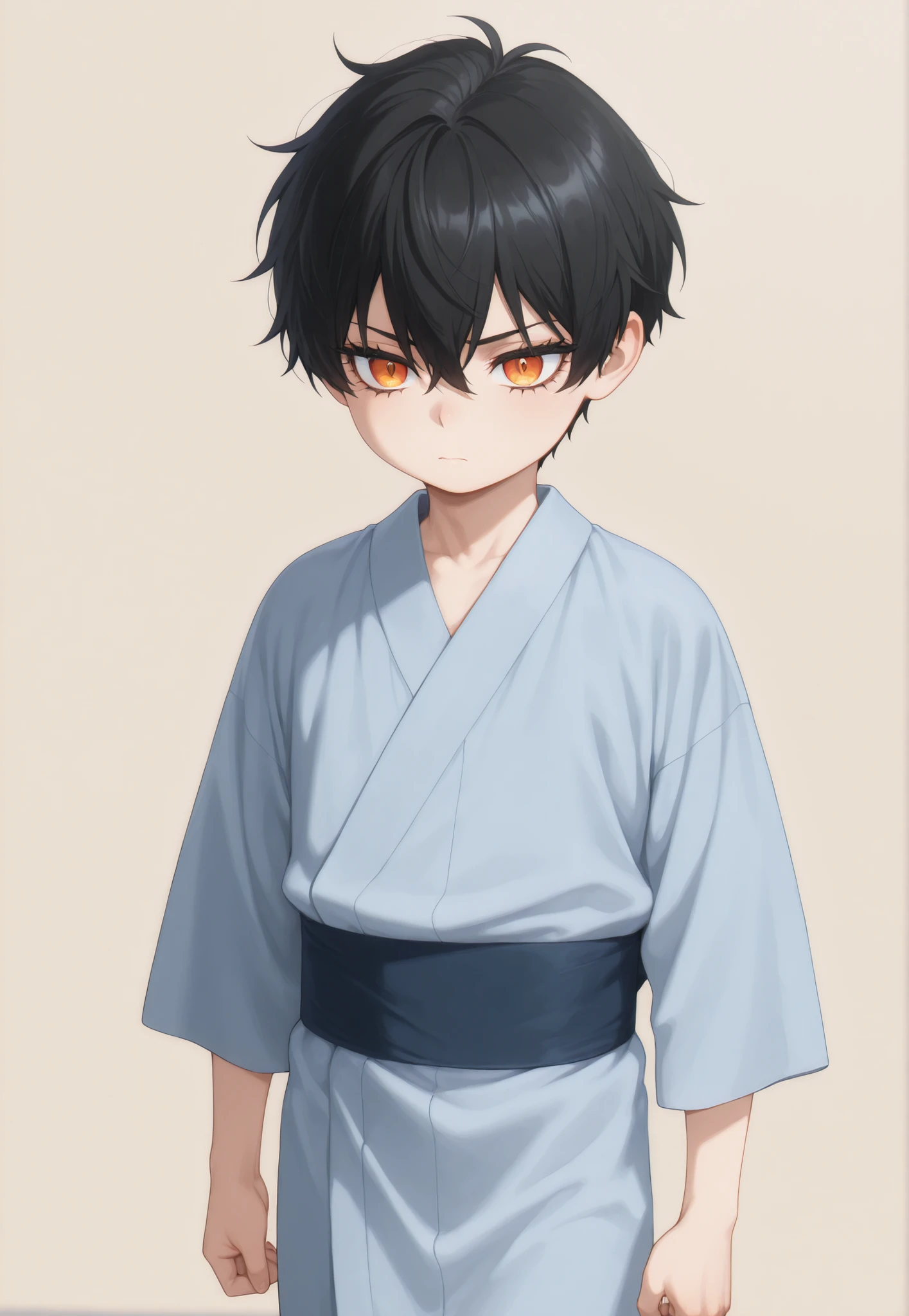 masterpiece, best quality, newest, safe, good anatomy, good resolution, good lighting. beautiful, anime, , adorable. child, short, black hair. Intense Orange Eyes. black eyelashes, piel clara. He is 6 years old. Alone, looking at the spectator, Simple Beige Background. wearing clothes: kimono blanco.