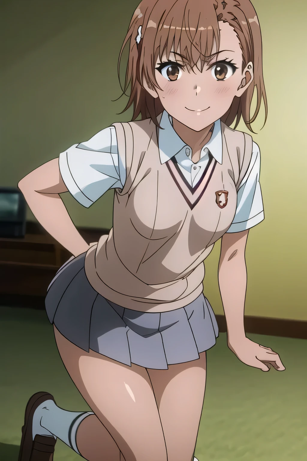 Misaka Mikoto ,Clear images、Brown Hair、Asymmetrical Belly Shorthair、hairpin、Tokiwadai Junior High School short sleeve uniform、School,blue striped panties,angry,lift skirt,panty shot,
break masterpiece ,8k unity wallpaper,anime key visual,highest quality, High resolution,  (shape:0.8),anime coloring,highly detailed face, detailed eyes,growing eyes,shiny skin,fine skin,white skin,dense skin,detailed hair,highly detailed legs,perfect lighting, Detailed CG, (perfect hands, perfect anatomy),High resolution,(Detailed wear ),slender limbs, delicate curves, dainty hands,figure:0.8,