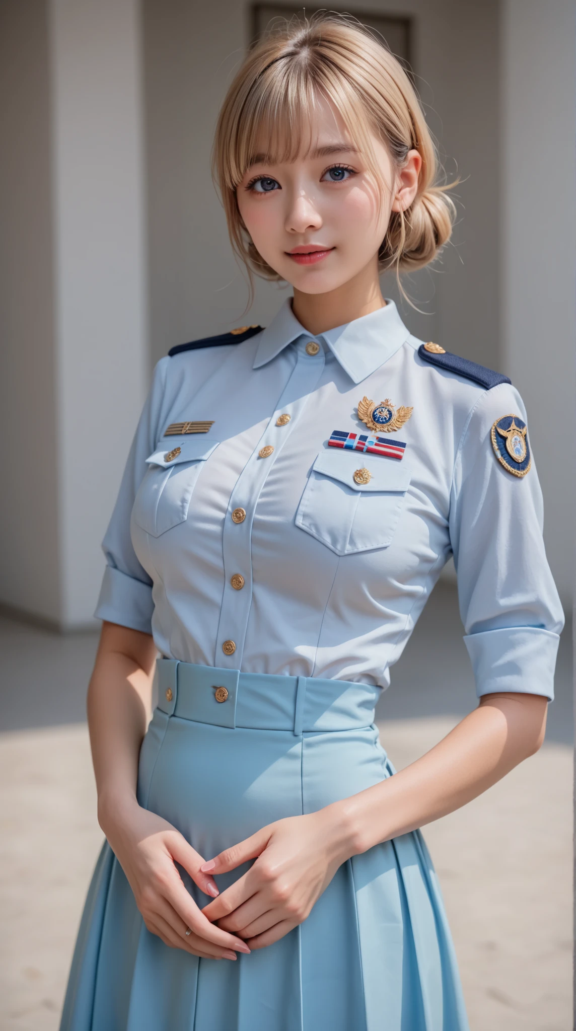 Girl in Uniform, Charming Girl, I'm wearing a cute, nice uniform, younger, Model face, (, cleft), tight waist, slender body line, Charming Girl, beautiful girl, anime style 4k, beautiful attractive women, 8k, Cute Girl, masterpiece, girls, (Highest Quality, best quality, masterpiece:1.2), (Detailed Handshake:1.3), (Detailed Eyes and Faces:1.2), photoreality, Ultra High Definition, super high resolution