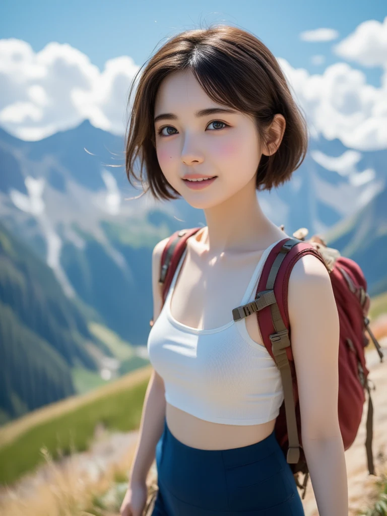 cute 21 year old japanese、
super detail face、pay attention to details、double eyelid、beautiful thin nose、sharp focus:1.2、Beautiful woman:1.4、(light brown hair,short hair、),pure white skin、highest quality、masterpiece、ultra high resolution、(Photoreal:1.4)、Highly detailed and professional lighting、nice smile、Summer mountain climbing scenery、Please generate an image that shows the whole body of a Japanese woman wearing a tank top.。The woman has a lively and cheerful expression.、Enjoying mountain climbing in refreshing scenery。blue all around々tree々and beautiful mountains々Create a landscape where、I'm carrying a rucksack、