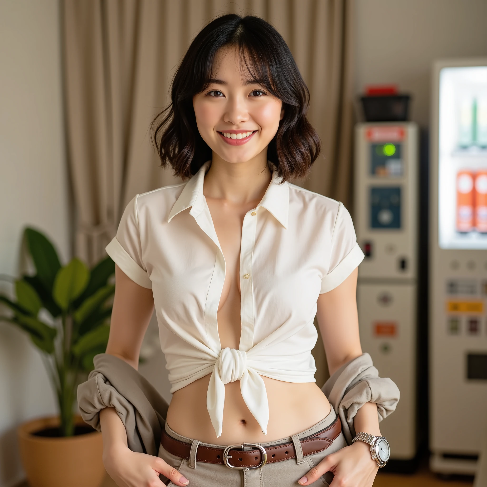 『1 Japanese girl with small nipples:1.3』『raw photo:1.3』『real photos:1.3』Highest Quality:1.2、((big breasts))、with a slight cleavage、((young 20 year old woman ))、『showing her teeth and smiling:1.9』、(((anatomically correct、perfect anatomy、anatomically correct指)))、slender body,visible, Highest Quality, super high resolution, RAW photo, (Curvy body)、Full Body,アイドルのような容姿とSmile Yan 一人の女性, solo, black hair with leash, short hair, , Smile Yan, mouth, Short Bob, (Brown Skin), Bang, ((standing in front of a vending machine, When I look at it)), bright expression, ((holding a wallet、thinking about what to buy), (Looks Happy), (indoors, warm lighting, upper body, glasses, (黒のスーツjacket, Sleeves rolled up)), jacketを開ける, white collared shirt, The silver watch , (white headband)), long black pants, Brown Belts, plant, curtain, Home. jacket (with Sleeves rolled up)), jacketカラーの白いシャツ, The silver watch , (white headband)), long black pants, Brown Belts, in the morning watching the audience, plants, curtain, living room at home, ⦅, perfect gesture, cute, blurry background, masterpiece, so beautiful, masterpiece, Highest Quality,,,