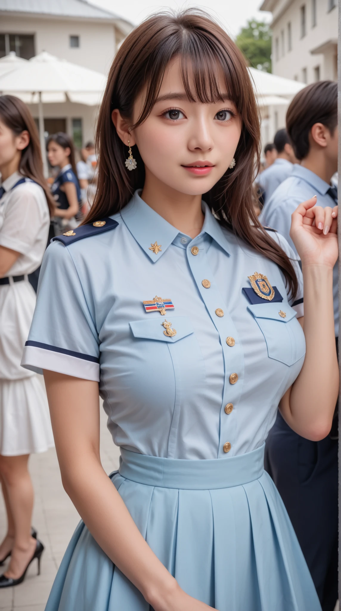 Girl in Uniform, Charming Girl, I'm wearing a cute, nice uniform, younger, Model face, (, cleft), tight waist, slender body line, Charming Girl, beautiful girl, anime style 4k, beautiful attractive women, 8k, Cute Girl, masterpiece, girls, (Highest Quality, best quality, masterpiece:1.2), (Detailed Handshake:1.3), (Detailed Eyes and Faces:1.2), photoreality, Ultra High Definition, super high resolution