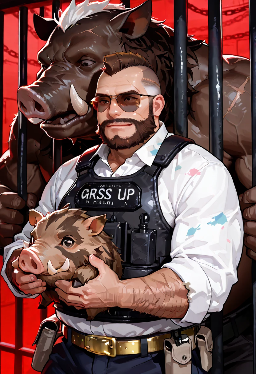 Super muscular boar beastman,Wear a uniform,Blindfold,A desperate and painful look,Mouth wide open with tongue sticking out,Getting cumshot in the face by some guys,(Surrounded by huge, red and black erect penises),(A large amount of semen all over the face),Head grabbed,mouth opener gag