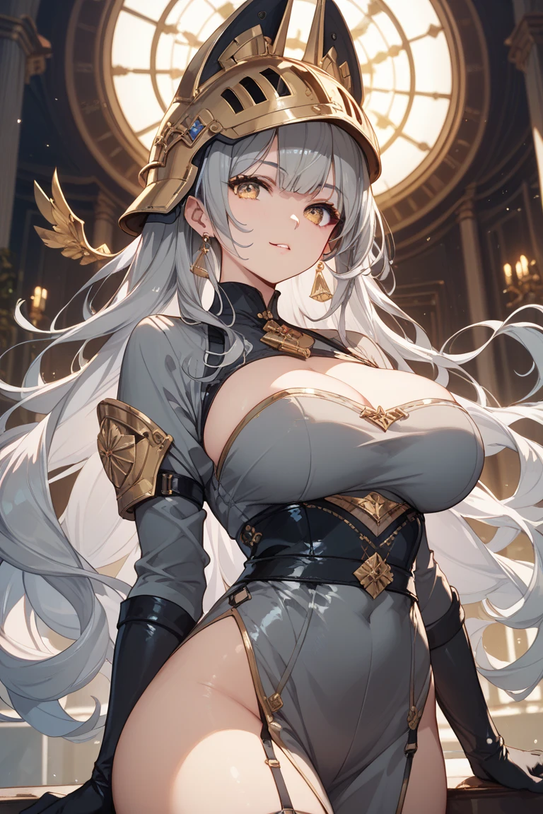 (table top), (Look at the subjectivity), golden sword, (oversized clothes:1.2), mini skirt, ((black clothes)), choker, (bandaged hand), (Dark coat with ornate golden embroidery, golden decoration), (gray hair, Golden streaks on the hair), yellow eyes, thigh strap, (Neocity), (cloud), addition_detailed:1, hair above eyes, 片方のhair above eyes, Huge , ,, Hyper maximum size_chest!! types of buberon,