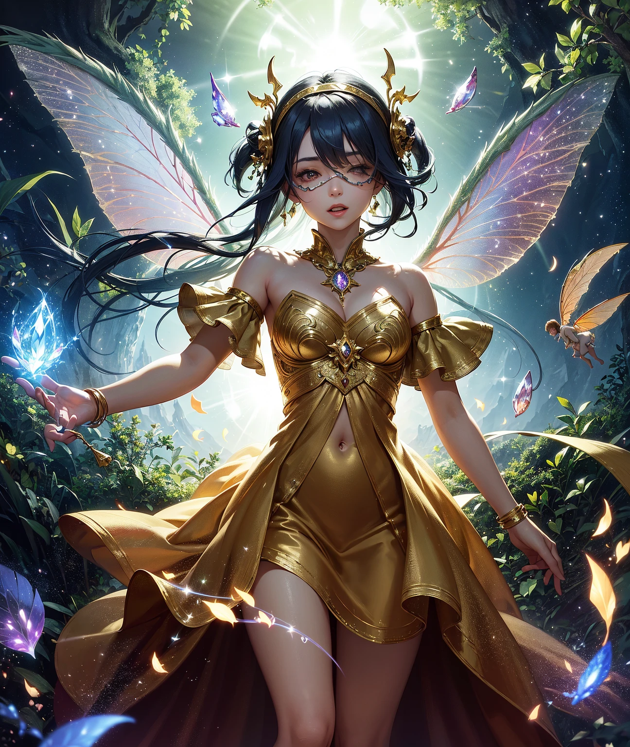In the image, the fairy queen african goddess jiggly fat round belly voluptuous is in a graceful and imposing pose, dark skin, heterochromia eyes, really curly hair long, floating in the air or sitting on a throne made of foliage and flowers. Her body is adorned with a dazzling garment, decorated with gleaming rubies that glow brightly in shades of deep red.
The fairy queen has translucent, ethereal wings that reflect the light of the magical flames around her. Their wings may have intricate patterns, resembling butterfly wings or delicate crystal structures.
In her hands, she holds an ornate magic scepter, also encrusted with rubies. The scepter exudes power and is an extension of its magic. The fairy queen is in a state of conjuration, channeling her mystical abilities with focus and determination.
The magical flames envelop the fairy queen elegantly, dancing around her in warm shades of red, orange and gold. The flames do not burn her, but rather enhance her aura of power and beauty.
Around it, the environment is an enchanted kingdom, with a magical landscape that reflects its dominance. Lush, bright flowers, exotic plants, and small magical creatures may be present, testifying to the grandeur of the fairy queen.