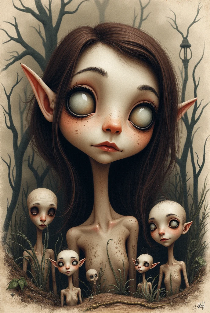 <lora:lowbrow_XL:1>, lowbrow, lowbrow-xl, surrealistic, absurd, bizarre, eerie, fanciful, fantastic and ludicrous, greyscale, three crystal elves, face enhanced, one owl, in fall Halloween woodland glade with mushrooms, black and white watercolor, 8k,