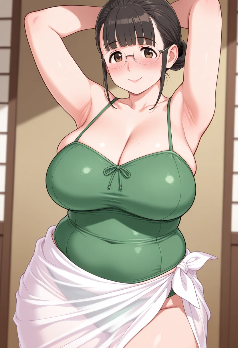 (Highest quality:1.2),(Perfect beautiful face:1.2),(Perfect and beautiful posture:1.2), ((In a rural house in Japan, Extremely sweaty woman, Wearing a tank top and shorts, ((Women who sweat excessively),(Chubby:0.85)), smile, Black Hair, Body odor from underarm sweat, Armpit odor))