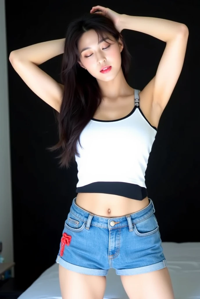 nsfw,Cute Japan high school girl,((leather mini skirt))、White shirt with front opening、small breast,trained abs、Leaner figure、Cowboy Shot、sleepy、Twin tails、red background、Live Performance Venues、underboob,groin is visible,earrings,necklace,bracelet,offsholder,navel is visible,bangs,belt,cat ear,smile,