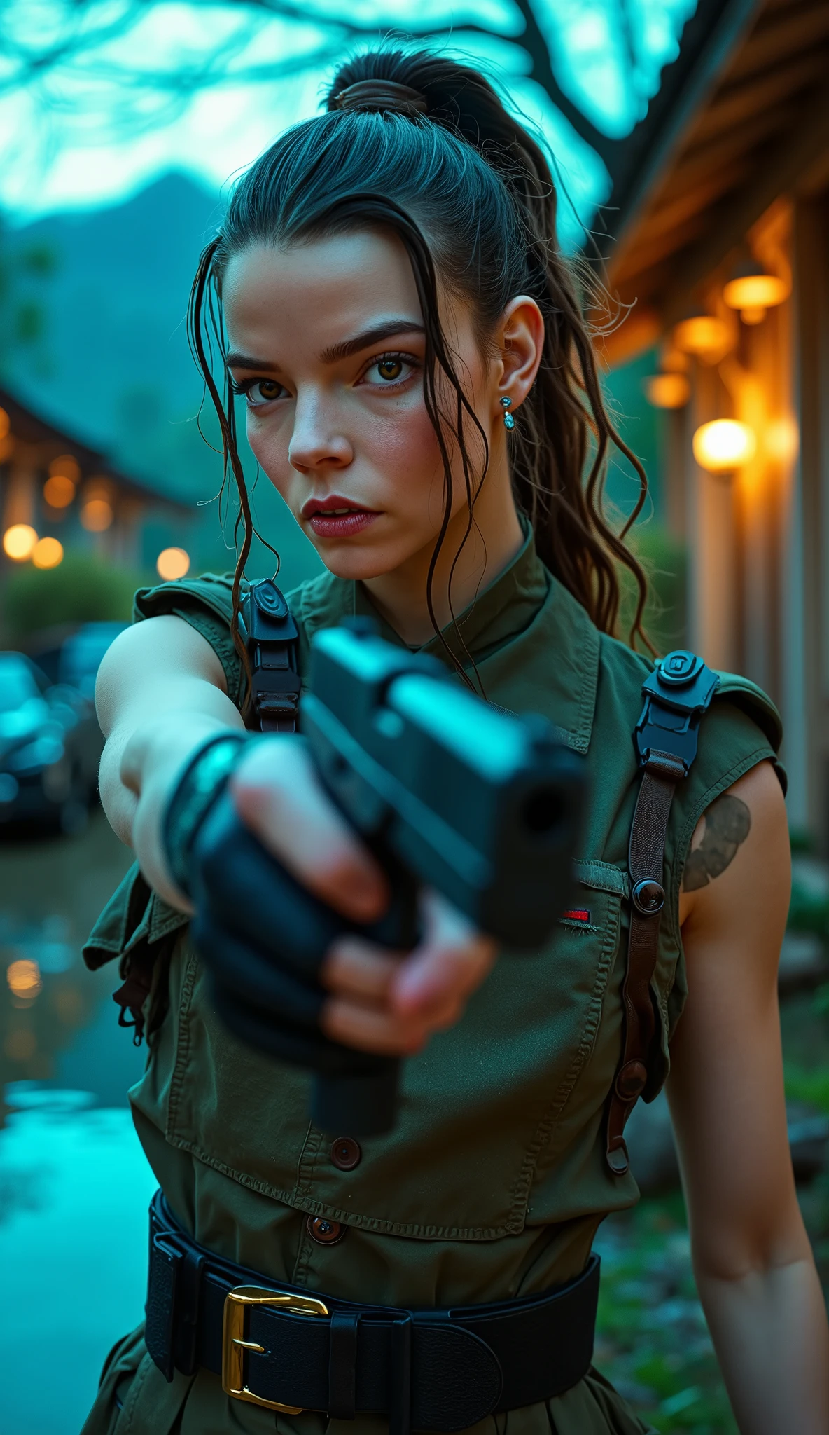Anya Taylor Joy like Cassie Cage from Mortal Kombat her eyes shining with her military clothing, And a pistol gun in your hand, close up the waist up hyper-detailed textures the hyper realistic background of a wooden building with cars and trees and a pond with 8K neon blue and green textures