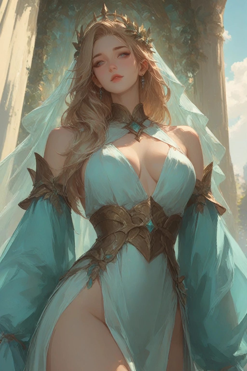 Masterpiece, best quality, the beauty of a goddess, empress, blonde, soft lighting, highest details, best quality, ( a pretty girl, 20 year old ), beauty smile, ( nice body shape, sport body ), midnight jungle, white hair, long hair, blue eyes, glow eye, ( Full body view ), standing, ( huge breast : 1.1).