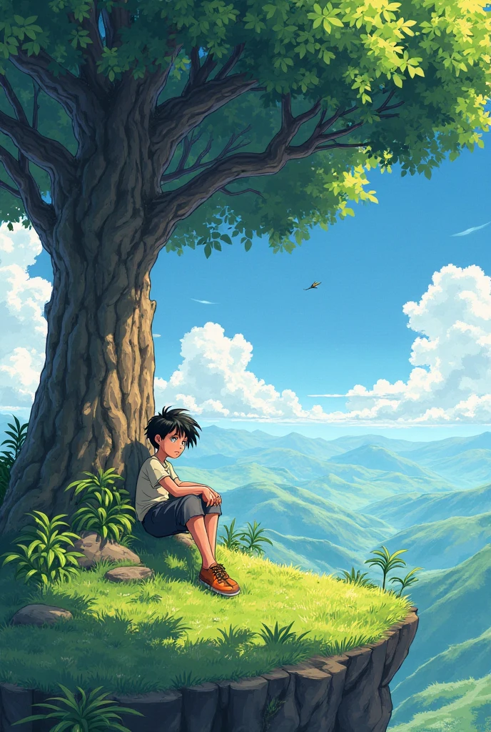 a boy sitting under a tree near a cliff in a meadow , seeing a vast blue sky with fluffy clouds and brush strokes , tall grasses stones, , makoto shinkai cyril rolando, anime art wallpaper 4k, anime art wallpaper 4k, animated background, anime art wallpaper 8K, animated background art, Anime Landscape Wallpaper, amazing wallpaper, HD wallpaper, 4k anime wallpaper, 4k anime wallpaper, Aries Moross art,art by Bob Byerley , AshleyWoodArtAI, greg rutkowski
