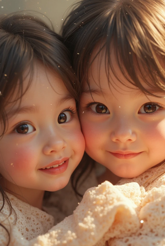 A toddler korean  girl with  clear grey eyes, very white skin, freckles, and dark black curly hair 