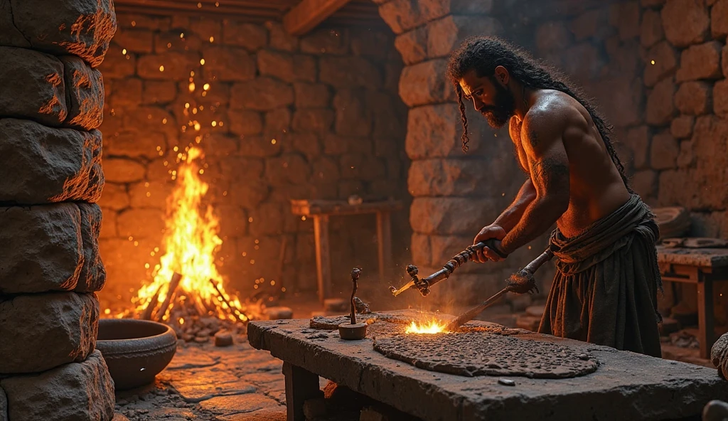 A caveman crafting a bronze knife on an anvil