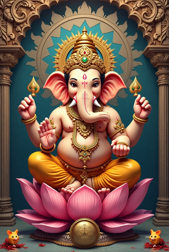 A ganesh which should look realistic.his dhoti should with dark blue with shade of white.
And ganesh should wear lots of gold.
He should sit on a Lotus with background waterfall and on land there should be pinkcock with heavy rain
And (on top write happy Ganesh chaturthi).
Big lotus and In middle of the water.and ducks in water.neon effect .