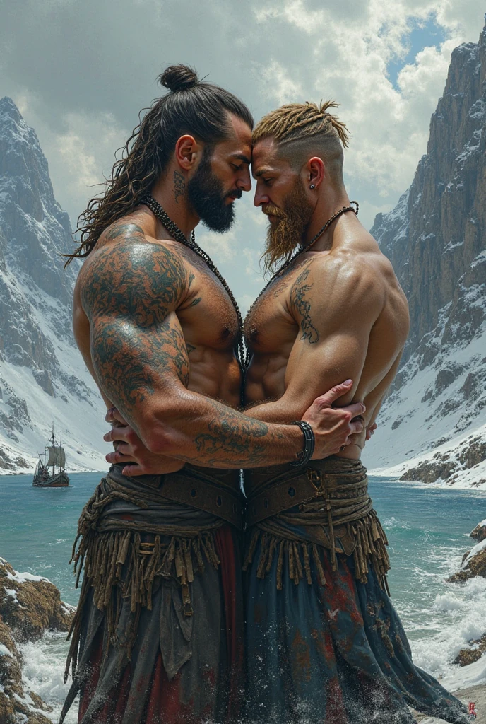 Black Viking left arm tattoo design, a full body muscular viking man and beautiful blond woman showing big busty and butt without clothes showing vagina, muscular legs, holding big sword with right hand, brown hair divided with bangs, perfect eyes, wearing warrior leather shoes, wearing warrior boots, lake and mountains in the background.