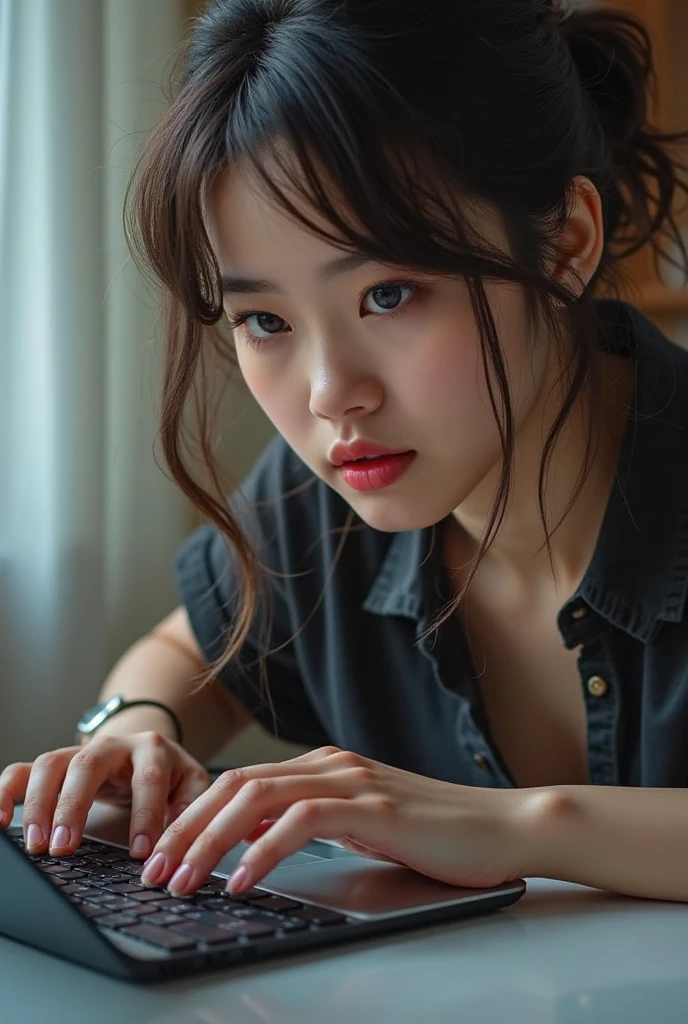 (high-level image quality)Japan Beauty、((Glaring at the laptop at close range))、Wrinkles between the eyebrows、serious facial expression