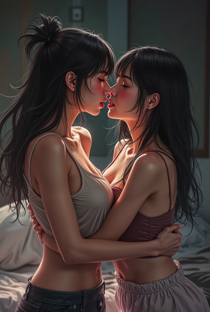 nsfw, masterpiece, best quality, ultra detailed, ((two mature beautiful lesbian women, caress each other)), A shy look, Half-open mouth, Bare skin glistening with sweat, bra and panties, in the forest, close-up to face, Portrait,