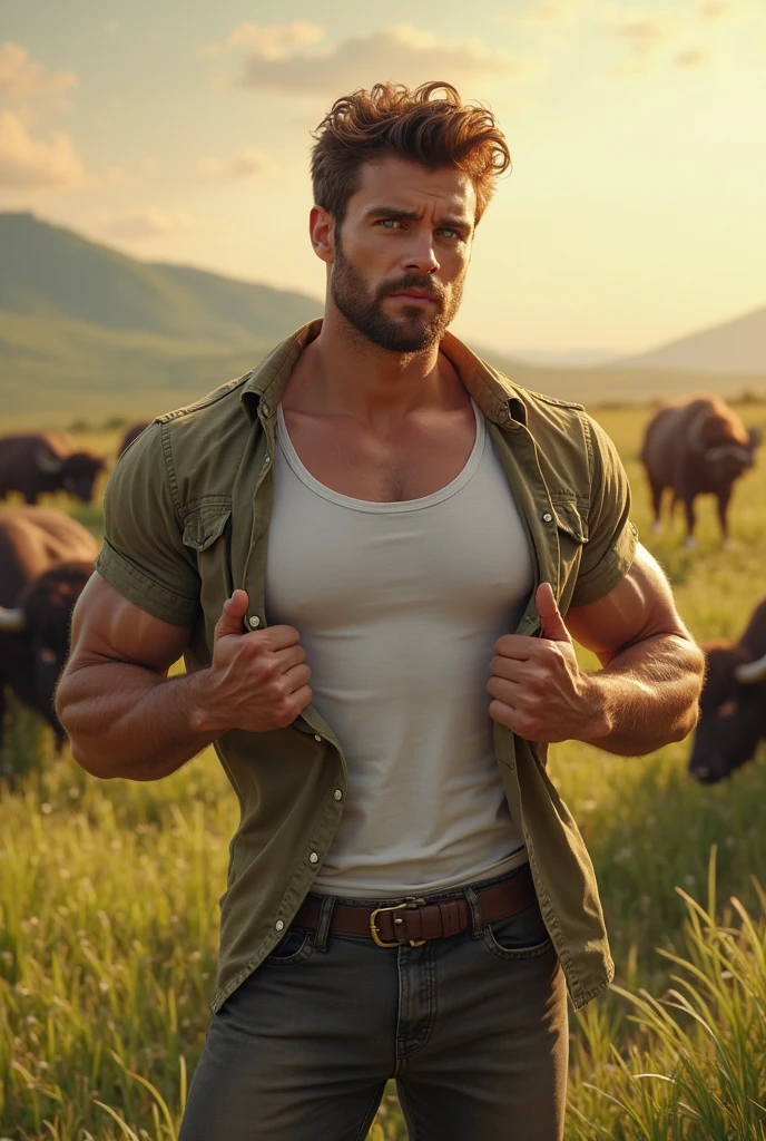 30 year old man,Beautiful blonde,Jeans,no shirt, Work in the field, ardent, suntan, Tractor driver, Cowboy on the Ranch,in a hat,(詳細な目:1.3),BazleColor Eye,full bodyesbian