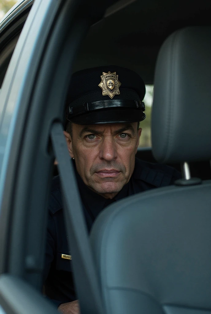 <lora:m1ch43l1r0ns1d3:1> in police uniform, crooked cop, police lights in background, police cruiser, close up, action shot, cinematic lighting, midnight in the city, bokeh, RAW, HD, 8K, highly detailed face