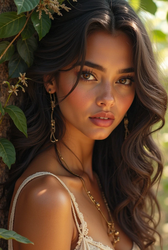 Very very very sexy girl, 1girl, solo, brunette hair, parted hair style, wearing long jumper, wearing necklace, jewellery, full body shot, body focus, Detailed skin, Detailed Face, Detailed Lips, Detailed Eyes, light make up,  smile, happy, textured skin, super detail lighting, summary background, summer atmosphere, 