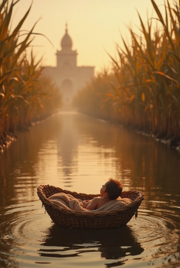 Karna a baby with golden armor and earring lying in a basket being discovered by Radha and adhiratha a charioteer couple on the banks of tha Ganga rivers with a sunset background