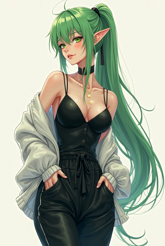 long simple horns, long lime green hair, 1girl, dslr, 4k, 8k, textured skin, background