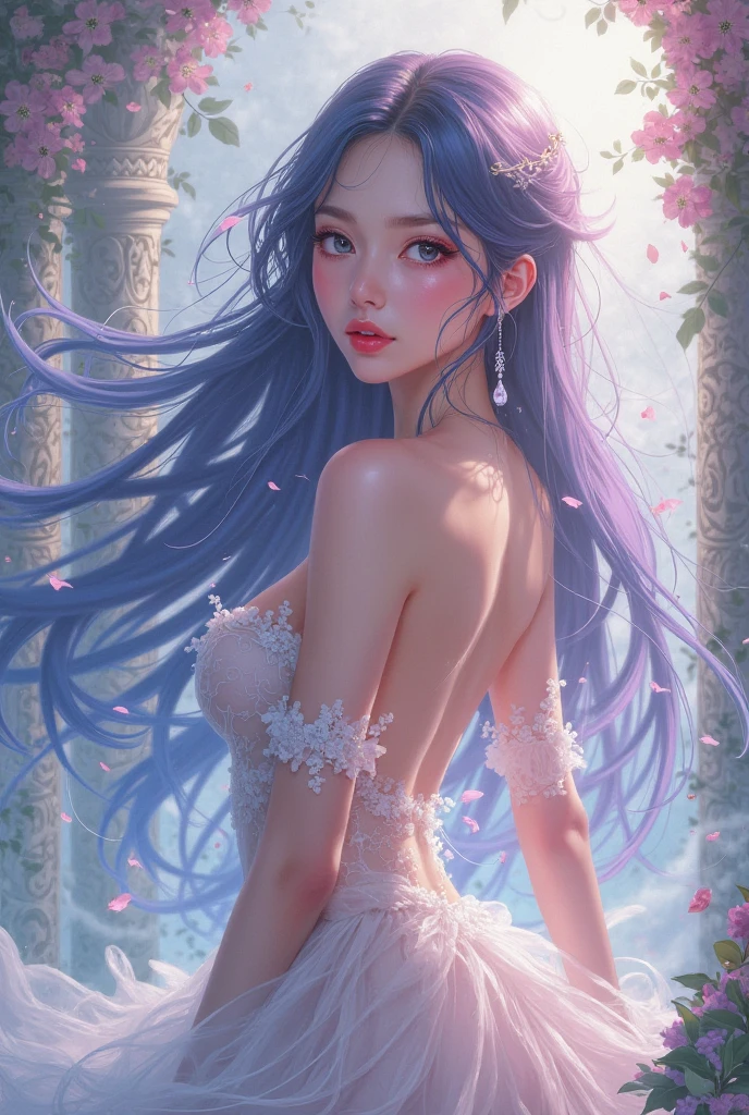 (masterpiece, best quality, beautiful and aesthetic:1.3), look back, side view, 1girl, solo, light smile, (Silver blue hair streaked pink purple:1.4), (Gradient sky blue hair ends:1.6), hair strand, absurdly long hair, single sidelock, wavy hair, shiny hair, floating hair, (deep purple eyes), delicate eyes, aqua eyes, super high detailed eyes, long upper eyelashes, makeup, Focus on face, Very detailed facial, Pretty Face, Perfect breasts, hot body, porcelain skin, (Delicate skin texture:1.2), (Highly detailed skin:1.2), bridal veil, lace-trimmed dress, see-through, wedding dress, outdoors, white roses, garden, morning, standing, extreme detailed, Edge lighting, two color lights, 8K UHD, Bokeh, イーブイの絵, soft light, Volumetric lighting, confess, warm tone