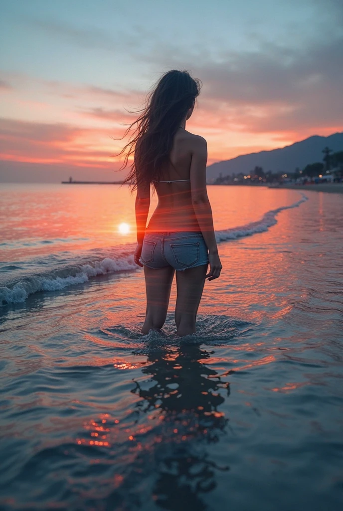 a woman standing in front of a window, looking out window, small dog by her side, wearing a white bikini, seaside background, wearing headphones, a digital painting inspired by Alena Aenami, pixiv, realism, rainy night. digital illustration, blurred and dreamy illustration, blues, blurry and dreamy illustration, artistic. lo-fi illustration style,