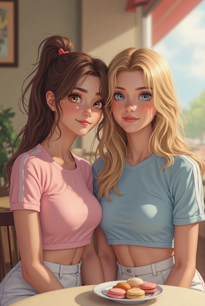 2 filles, fille1: Gros seins,Mignon,Beaux yeux détaillés,Cheveux brillants,visible à travers les cheveux,poils entre les yeux, cheveux bruns,yeux bleus, cheveux longs, épais, doux sourire, jeans, t-shirt bleu, fille2: cheveux blond, cheveux bouclés, Cheveux moyens, yeux verts, boucles d'oreilles fleurs, ongles roses, épais thighs, Petits seins, Grandes hanches, chandail rose à épaules, jupe noire, baisering, baiser, tenues légères, presques nues, seins visibles en transparence