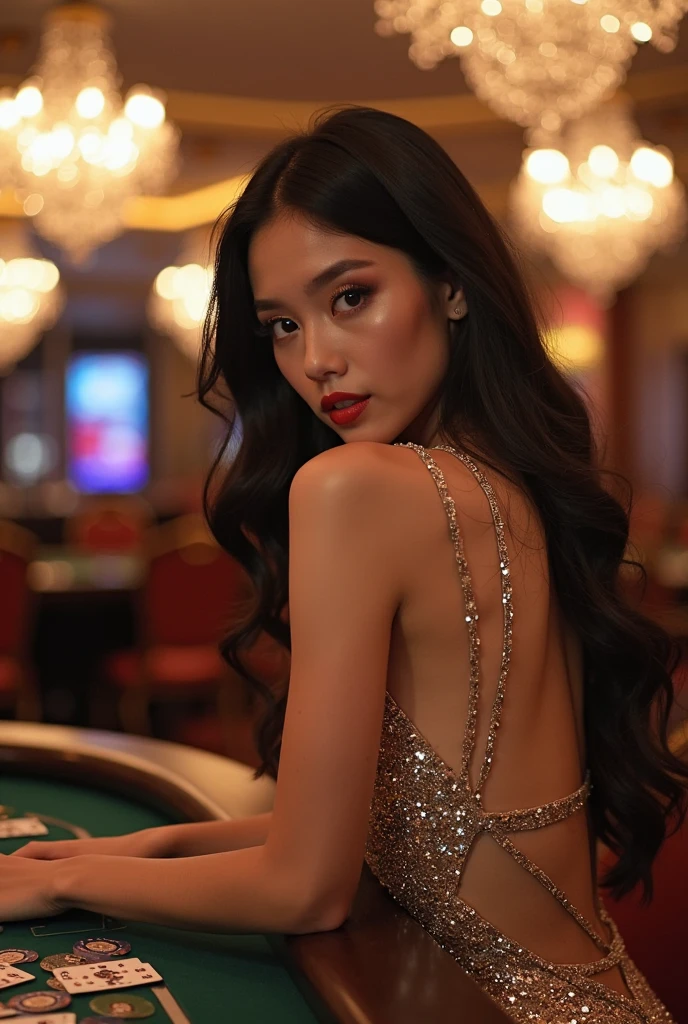Masterpiece, Highest quality, alone, 1 woman, Glowing skin, hoop earrings, charming, Strange details, smooth hair, Fascinating, bare shoulders, crop top, trousers, shallow depth of field, contrast, professional model, Facing the front, Portrait (random background,In casinos,VIP casino room, Modern Casino Console, Modern Slot Machines )