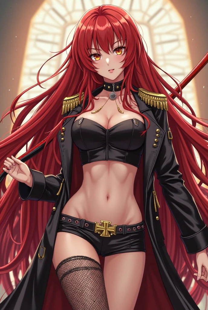 malty, ????? medium breasts, red hair, beautiful face, green eyes, masterpiece, best quality, highly detailed, a girls with a gun, evil smile , open mouth, sexy gaze, badass pose , evil smile, smile, (nsfw) not safe for work, guns blazing, anime girl with long hair, beautiful long haired girl, navel, evil expression, exposed belly, exposed navel, exposed midriff, exposed lower belly, long black pants, crop top, cleavage, unbuttoned leather pants ,open fly, low rise black leather pants, leather jacket, holding a gun, outdoor,street,road,