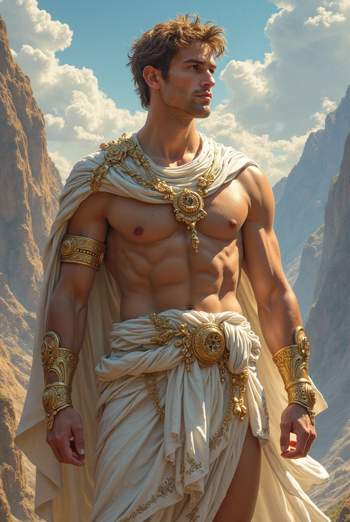 Photorealistic, ((best quality)), ((masterpiece)), (detailed), 1boy, fitted, chiseled, rich greek temple, male, short blonde messy hair, heavenly handsome male face, detailed eyes, muscular chest, topless, golden chain belt, draped cloth sunga, arm ring, detailed skin, realistic, daeni pin style, [Daniel F. Gerhartz style::0.5], uhd image, hires, 8k, photo-realistic, epic lighting, sharp focus, realistic, romantic,
