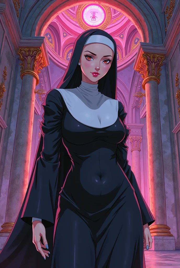 (masterpiece, top quality, best quality, official art, beautiful and aesthetic:1.2), (1girl:1.3), light freckles, fair skin, extremely detailed, portrait, looking at viewer, solo, (full body:0.6), detailed background, close up, (dark gothic theme:1.1), nun with guns, charlatan, smirk, mysterious, swaggering through cathedral, modest attire, black habit, cowl, nun hood, wimple, thigh-high boots, bodysuit, leotard, loose sleeves, cloak, corset, leather straps, ammunition pouches, long boots, submachineguns, SMGs, MP5s, thigh pouches, holsters, garters, ((((narrow hips, slim sexy body, gigantic breasts)))), slim waist, slim hips, long legs, modern (cathedral exterior:1.1) background, dark mysterious lighting, shadows, magical atmosphere, dutch angle,