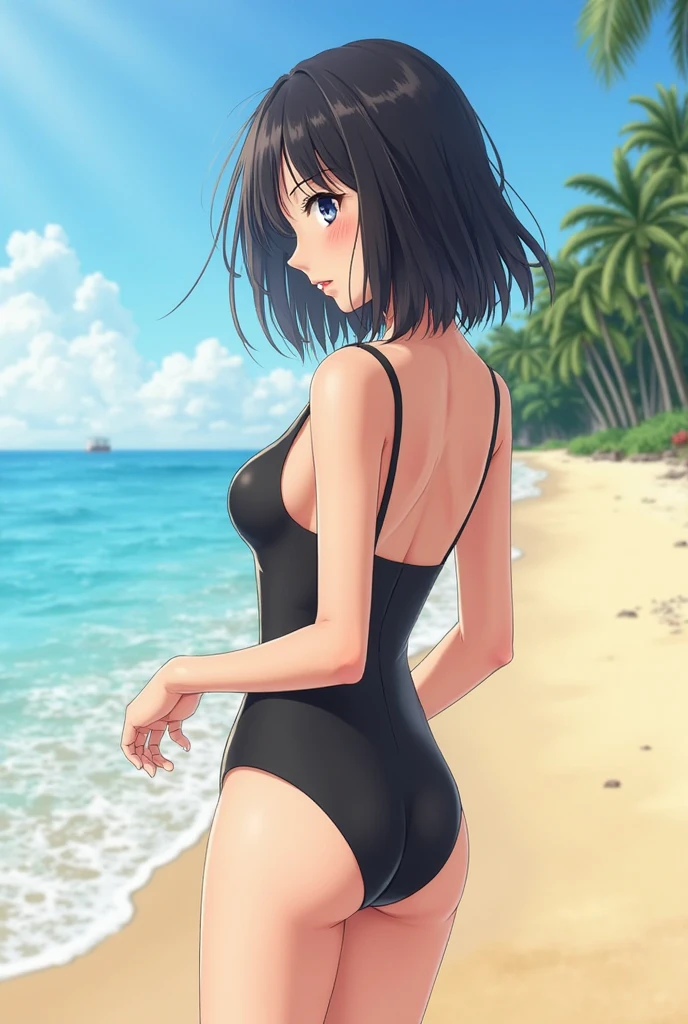 a girl，slim body，swimsuit，bikini，beach，seaside，Show her back，short black hair，Obvious muscle lines